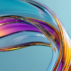 Futuristic Abstract Swirl: 3D Rendering of Fluid, Translucent Ribbons in Purple, Gold, and Teal with Smooth, Glossy Texture on a Light Blue Background.