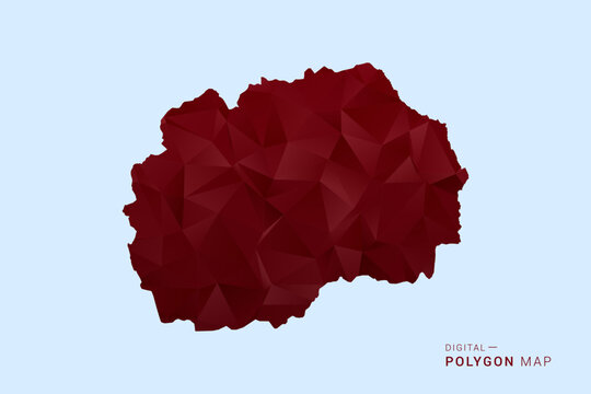 Macedonia Map - Low poly polygon map in deep red gradient on light blue background, modern minimal geometric design, vector illustration with faceted triangulated style.