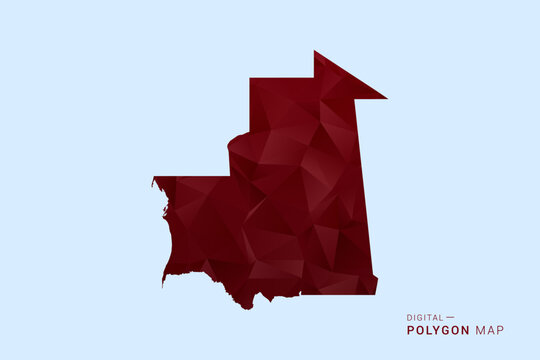 Mauritania Map - Low poly polygon map in deep red gradient on light blue background, modern minimal geometric design, vector illustration with faceted triangulated style.