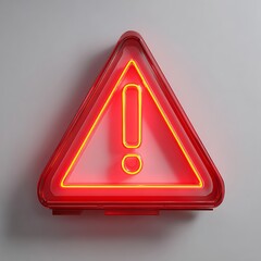 Vibrant Red 3D Hazard Warning Sign with Glowing Yellow Neon Exclamation Mark, Modern Alert Concept, Isolated on Subtle Gray Background