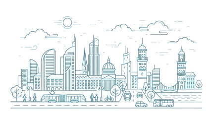 Fototapeta premium Modern City Skyline with Diverse Architecture and Transportation.