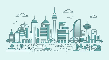 Fototapeta premium Modern Cityscape Skyline with River and Park in Outline Style.
