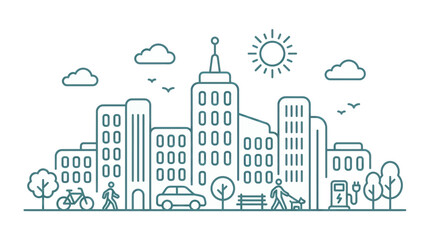 Fototapeta premium Modern Cityscape with Eco-Friendly Elements and Urban Life.