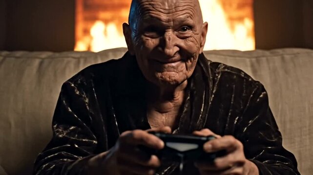 Elderly man playing video games indoors.