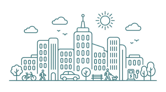 Modern Cityscape with Eco-Friendly Elements and Urban Life.