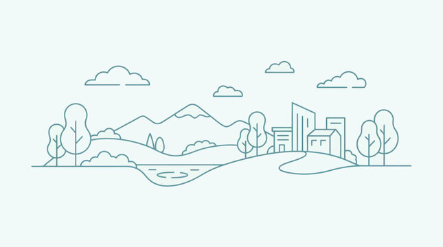 Modern Cityscape with Natural Elements and Mountains in a Clean Line Art Style.
