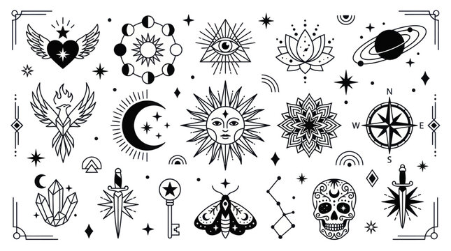 Mystical Celestial Symbols and Esoteric Elements Collection.
