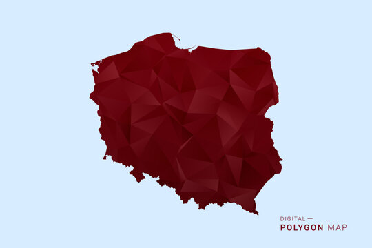 Poland Map - Low poly polygon map in deep red gradient on light blue background, modern minimal geometric design, vector illustration with faceted triangulated style.
