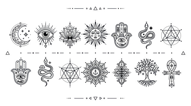 Mystical Esoteric Symbols Collection with Moon Sun Hamsa Hand and Snake.