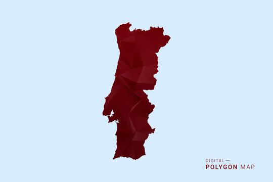 Portugal Map - Low poly polygon map in deep red gradient on light blue background, modern minimal geometric design, vector illustration with faceted triangulated style.