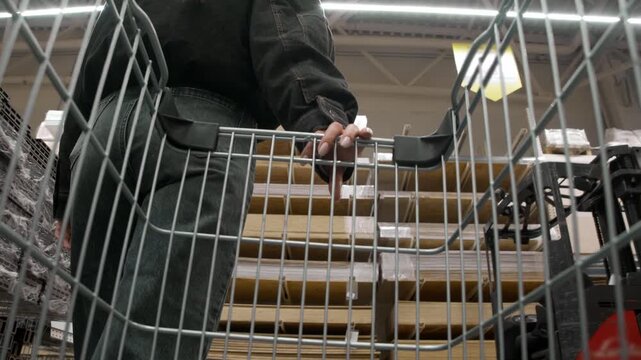 POV from cart level captures girl in casual jacket steering trolley past stacked plywood sheets and lumber racks in spacious DIY warehouse environment.