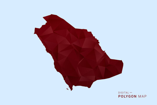 Saudi Arabia Map - Low poly polygon map in deep red gradient on light blue background, modern minimal geometric design, vector illustration with faceted triangulated style.