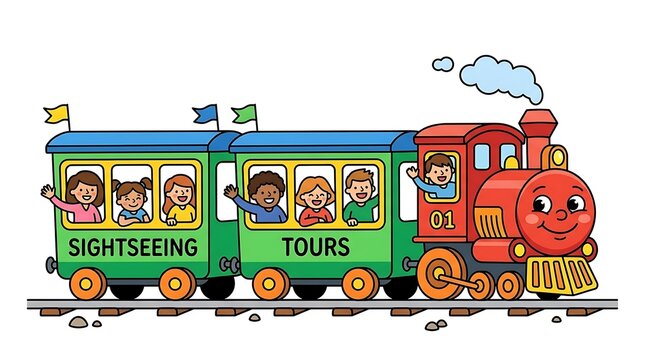 Colorful cartoon train with children.