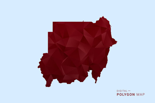 Sudan Map - Low poly polygon map in deep red gradient on light blue background, modern minimal geometric design, vector illustration with faceted triangulated style.