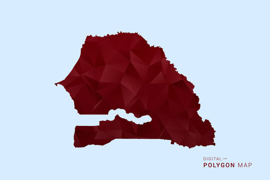 Senegal Map - Low poly polygon map in deep red gradient on light blue background, modern minimal geometric design, vector illustration with faceted triangulated style.