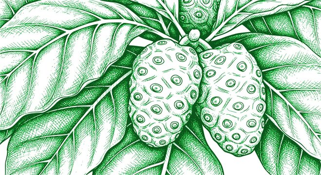 Ripening noni fruits (Morinda citrifolia) growing on a branch with green leaves: Design for Health and Wellness Blogs, Traditional Medicine Research, or Tropical Juice Branding. JPEG version.