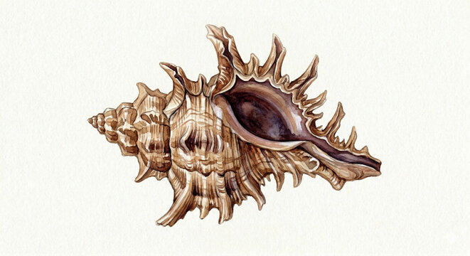 Vintage watercolor murex shell illustration, isolated on white, spiky seashell.
화이트 배경에 고립된 빈티지 수채화 스타일의 뿔소라 세밀화 일러스트