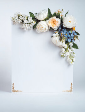 Floral corner frame with white and blue flowers on white background, wedding invitation template, copy space