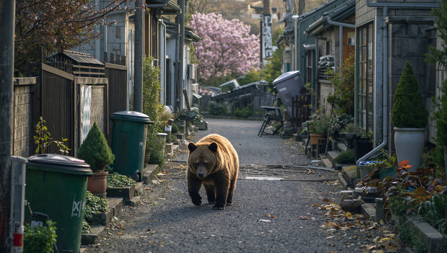 日本の市街地を徘徊するヒグマが住宅街の危険と獣害を示す場面