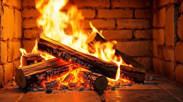 Burning logs in a stone fireplace