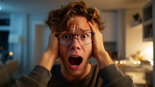A young man experiences overwhelming emotions, expressing feelings of distress and panic in a dimly lit room, highlighting the intensity of his reaction.