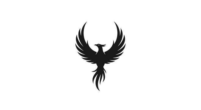 Black silhouette of a phoenix with wings spread against a white background