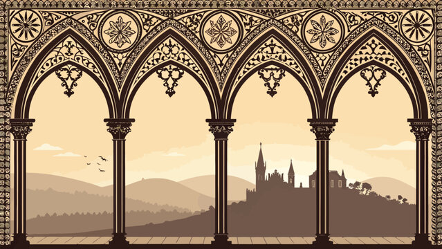 A vector graphic illustration of a castle viewed through ornate arches