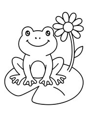 Fototapeta premium Smiling Frog on Lily Pad: A charming illustration depicts a friendly frog resting on a lily pad, with a delicate flower alongside, all in a delightful monochrome palette. 