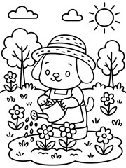 Fototapeta premium Garden Companion's Gentle Care: A charming illustration depicts a cheerful canine gardener tending to a vibrant flower patch with utmost care. The scene radiates a sense of peace, joy.