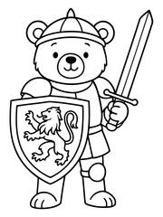 Fototapeta premium Brave Bear Knight: A courageous teddy bear, clad in shining armor and helmet, brandishes a gleaming sword and shield bearing a heraldic emblem, ready for adventure.