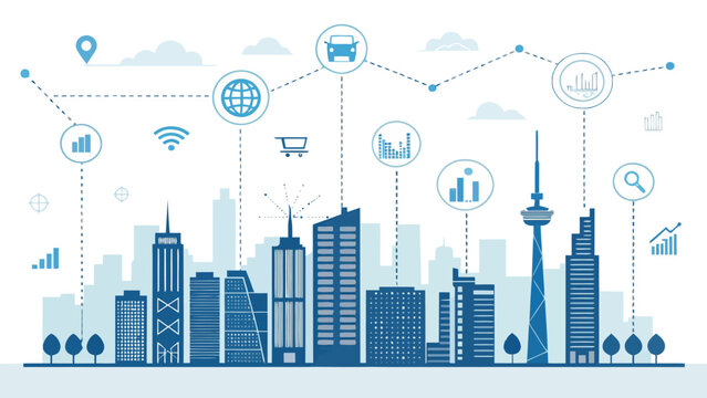A blue vector graphic illustration of a modern city skyline with connected icons