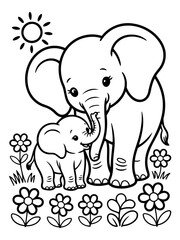 Obraz premium Adorable Elephant Duo: A heartwarming illustration of a mother elephant and her calf standing amidst cheerful flowers under a bright sun. A scene of unconditional affection and playful charm.