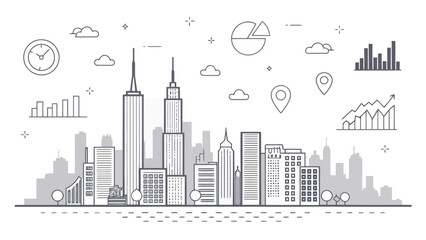 Fototapeta premium A minimalist vector illustration of a city skyline with business and finance icons