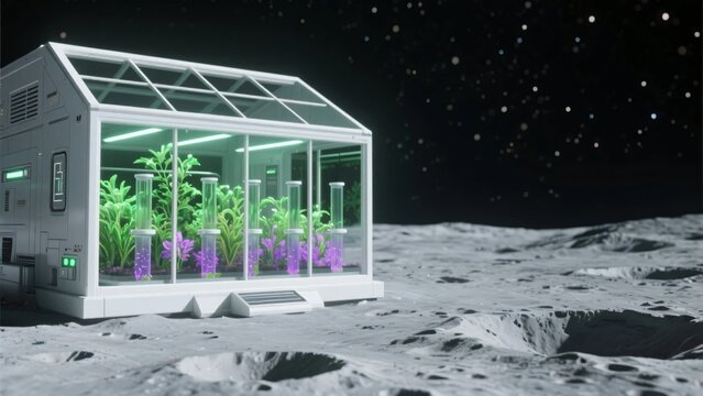 宇宙空間の岩肌に設置された内部で植物が育っているガラス張りの施設の画像