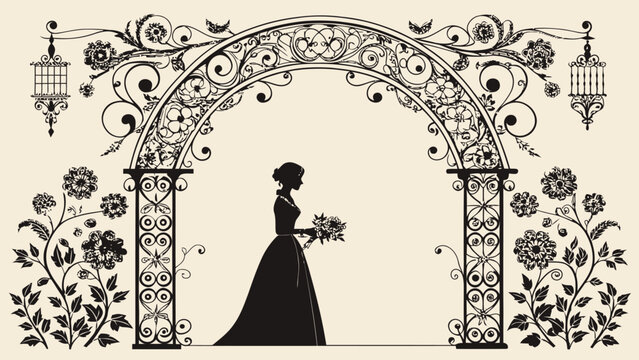 A beautiful woman in a long dress standing under a floral archway