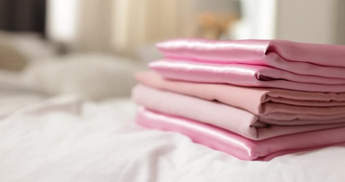 Stack of satin linens on bed indoors, closeup. Camera moving right
