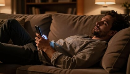 Fototapeta premium Man relaxing on couch watching smartphone in cozy evening living room with warm lighting