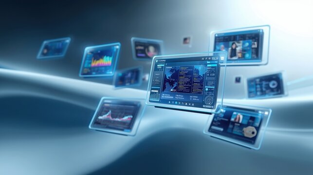 A futuristic laptop surrounded by floating digital screens displaying various data visualizations and graphics in a sleek, modern environment.