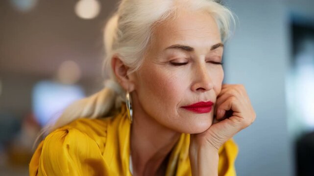 A sophisticated woman with silver hair and striking red lips poses thoughtfully, showcasing confidence and elegance in a contemporary setting with soft lighting.