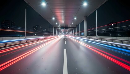 Fototapeta premium Empty road and highway at night with speed and motion, light trail and velocity creating dramatic expressway atmosphere