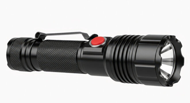 Compact military tactical flashlight isolated on pure white background with high visibility