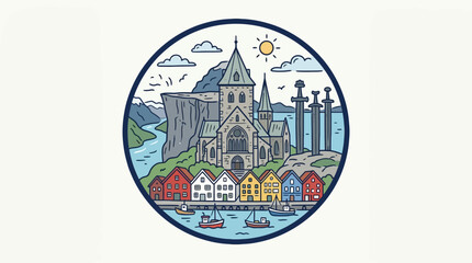 Fototapeta premium Vibrant Scandinavian Townscape in a Circular Frame