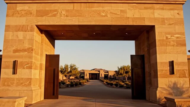 Grand sandstone motor court featuring contemporary driveway gates, bronze-toned paneled doors, monumental framed portal, long vertical pulls, and golden-hour light enriching the exterior setting
