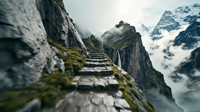 Stone Staircase Path Leading Up to Snowy Mountains and Waterfall in Alps