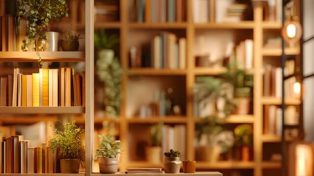 Library bookshelf with old wooden books in a cozy room interior