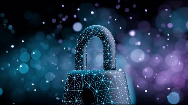 Futuristic digital padlock icon representing cybersecurity data protection and online privacy with a vibrant bokeh background for modern tech concepts