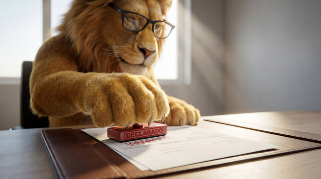 A lion wearing glasses sits at a desk stamping a document with a red rubber stamp