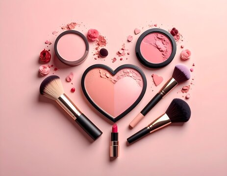 Coraz&oacute;n formado por productos de maquillaje, concepto de belleza y cuidado personal