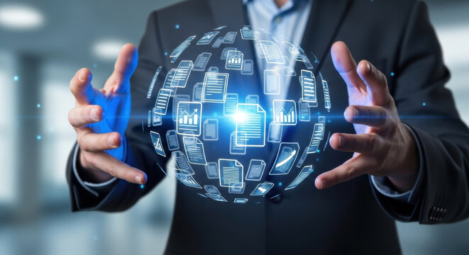 Knowledge base KB and document search. Enterprise knowledge management and document repository. Businessperson holding document icons.