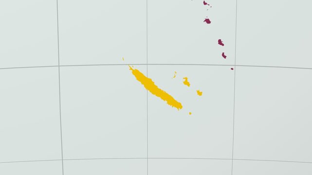 New Caledonia map. Animated zoom into the country on the Globe in Pale Mint Dark Pink color palette. Country logo animation with round text and airplanes. Map with meridians, parallels. Vibrant video.